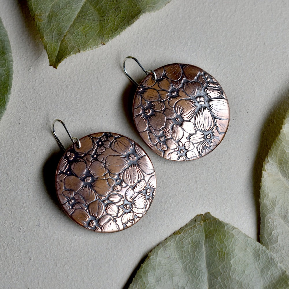 Floral Field Large Copper Disc Drop Earrings for Women - Boho Chic Handmade Jewelry for Parties, Weddings & Everyday Wear