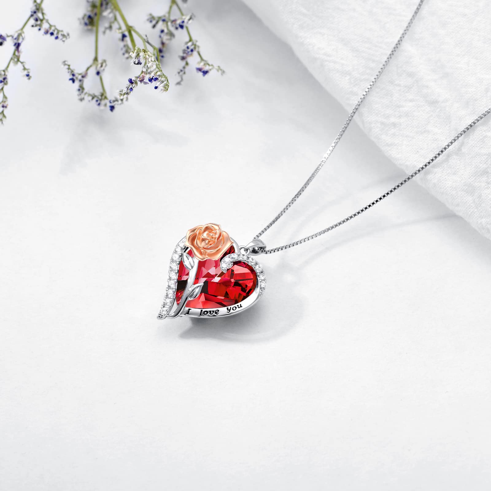 TOUPOP 925 Sterling Silver Rose Crystal Pendant Necklace - Heart Birthstone Jewelry for Women, Valentine's Day Gift for Her, Wife, Girlfriend, Mom | Anniversary, Birthday Present | Perfect for Romantic Occasions, Date Nights & Special Celebrations