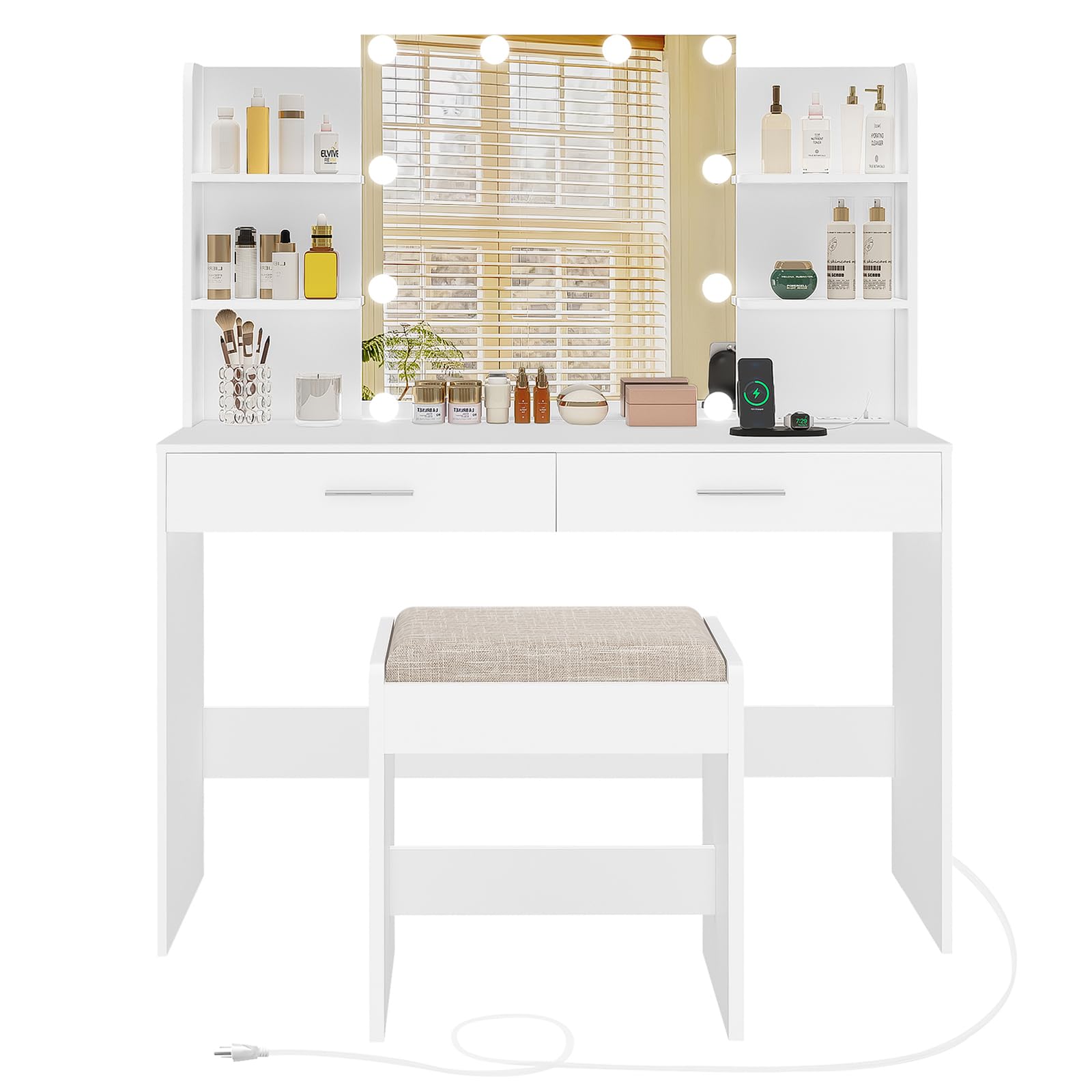 White Vanity Desk with Mirror & LED Lights - 2 Drawers & 6 Storage Shelves, Dressing Table with Power Outlet for Women & Girls - Perfect for Bedroom Makeup & Beauty Routine