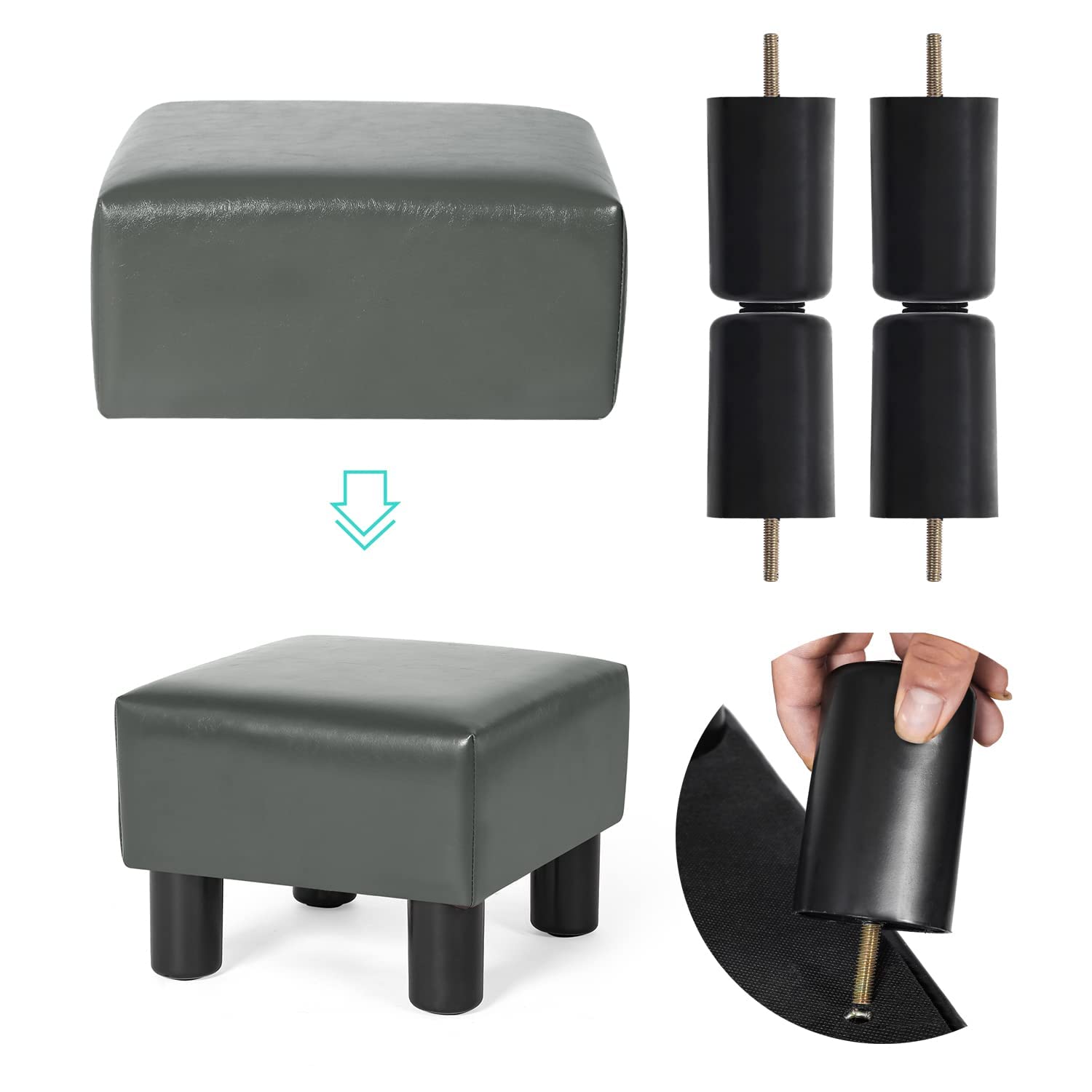 Joveco Small Square Faux Leather Foot Stool Ottoman - Adjustable Foot Rest for Couch, Office & Under Desk - Grey - Perfect for Home, Living Room & Workspace Comfort