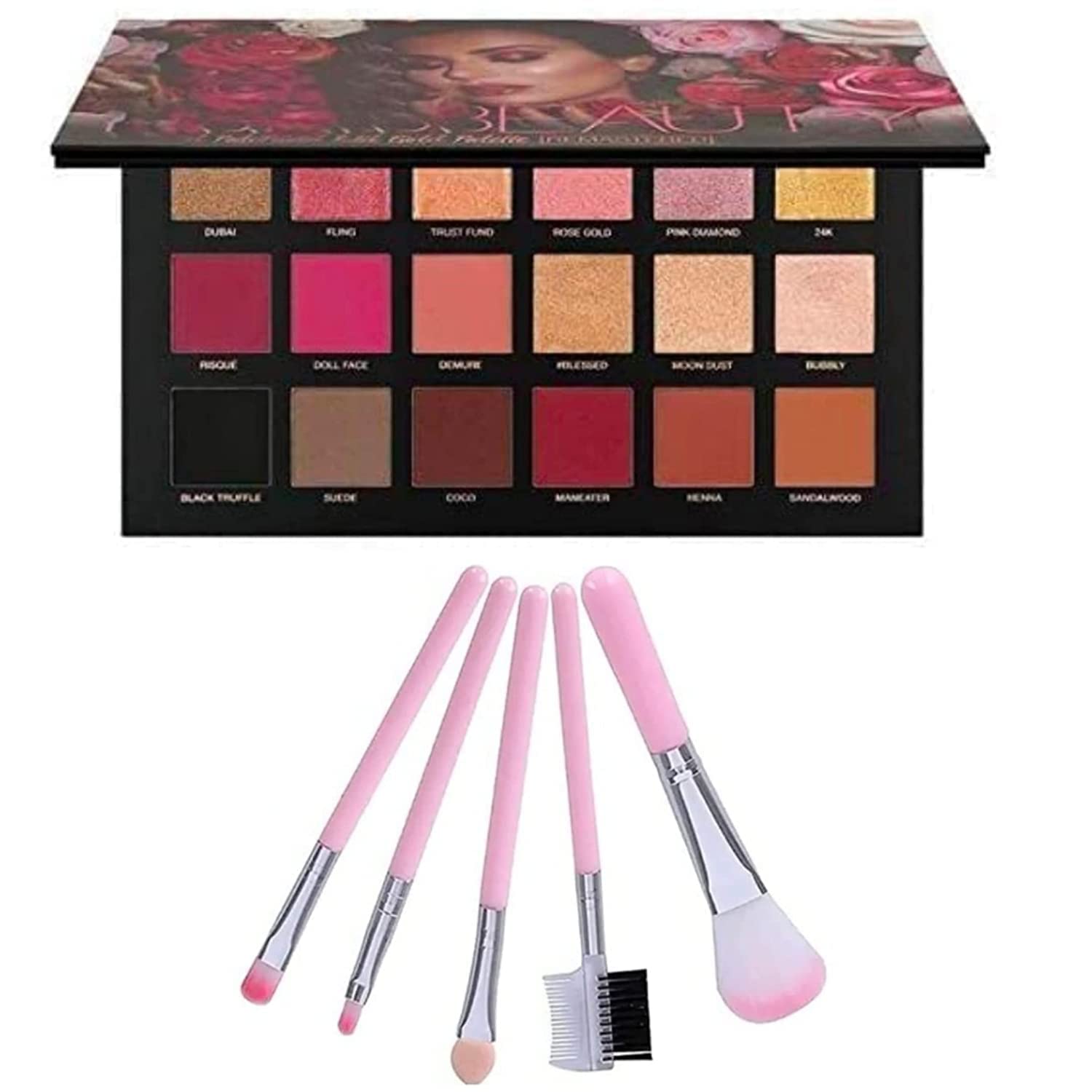 FOZZBY 18 Color Shimmer Eyeshadow Palette - Waterproof, Long-Lasting, Rose Gold & Multicolor Shades with 5Pcs Pink Makeup Brushes for Professional Makeup | Perfect for Daytime Glam, Night Out, and Special Occasions