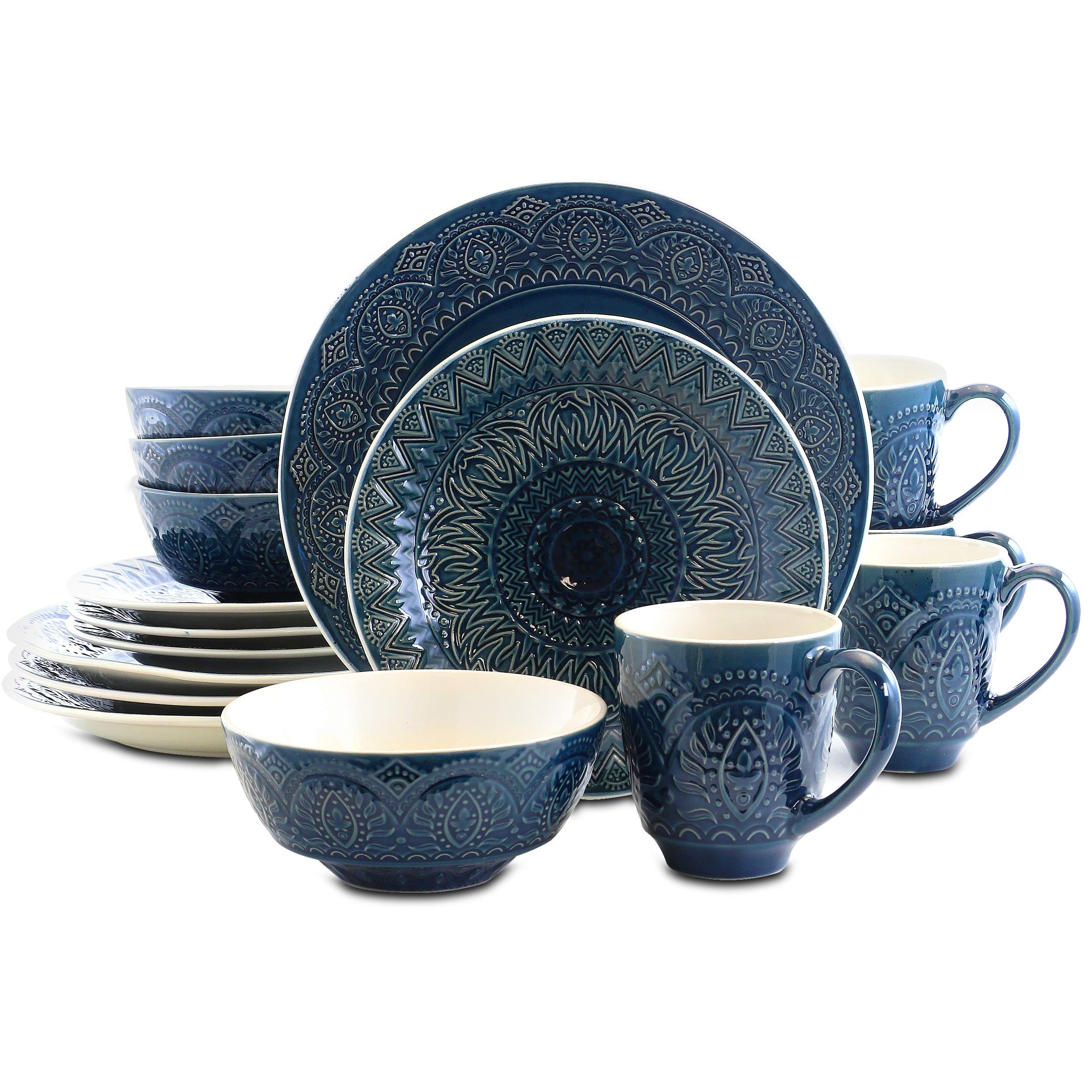 16-Piece Stoneware Dinnerware Set - Blue Textured Casual Round Plates & Bowls, Microwave & Dishwasher Safe for Everyday Use, Family Dinners & Entertaining Guests
