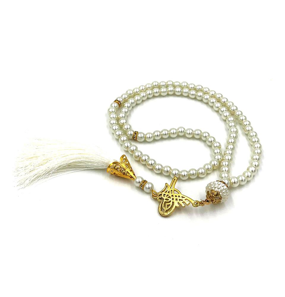 Premium Islamic Tesbih - 99 Count Acrylic Pearl Prayer Beads with Elegant Tughra Tassel in Ivory White | Perfect for Muslim Prayer, Meditation, Zikr & Spiritual Gift Giving