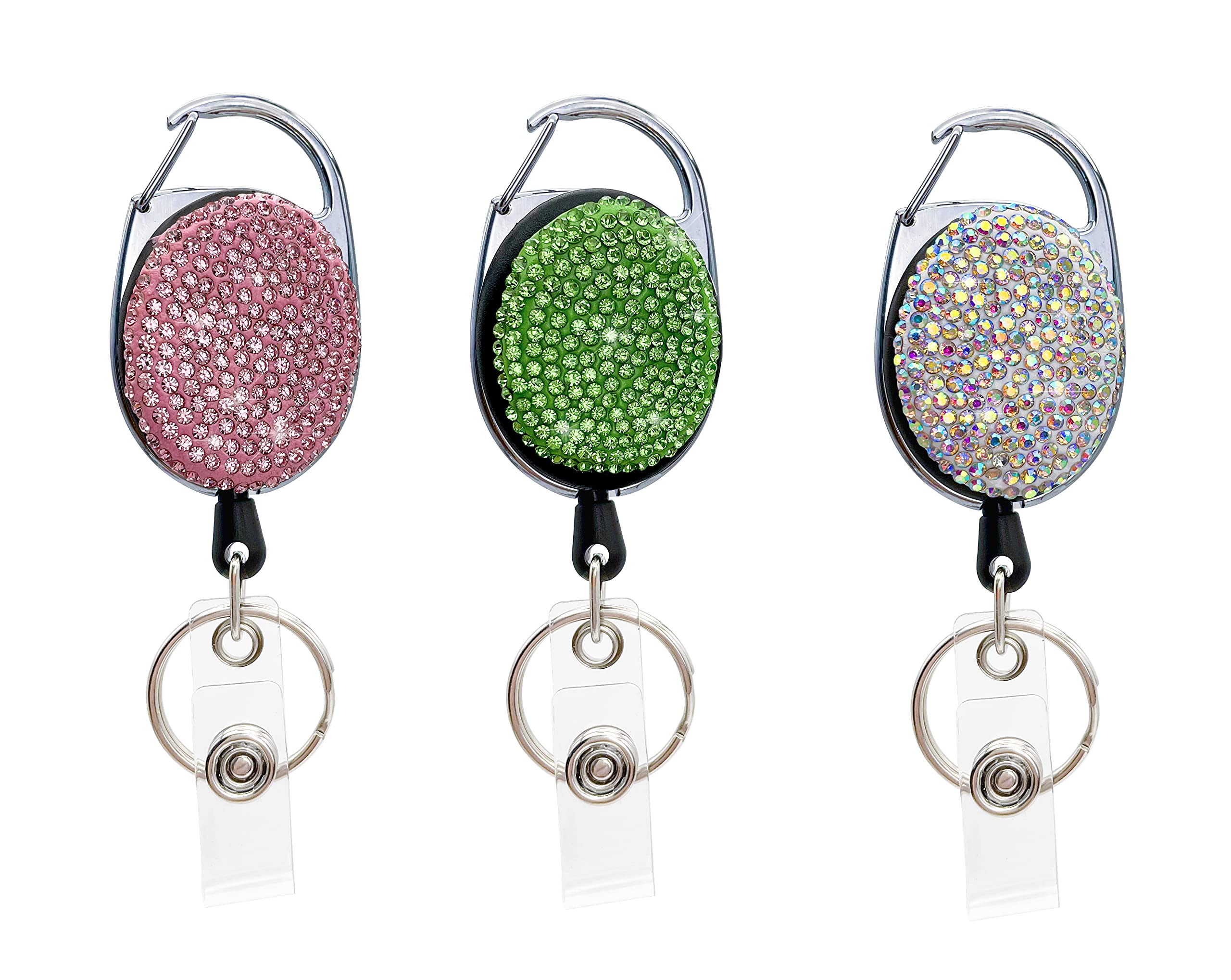 3 Pcs Bling Retractable Badge Holder with Rhinestones - Stylish ID/Name Lanyard Badge Reel with Belt Clip & Key Ring - Perfect for Nurses, Teachers, Office Workers and Events