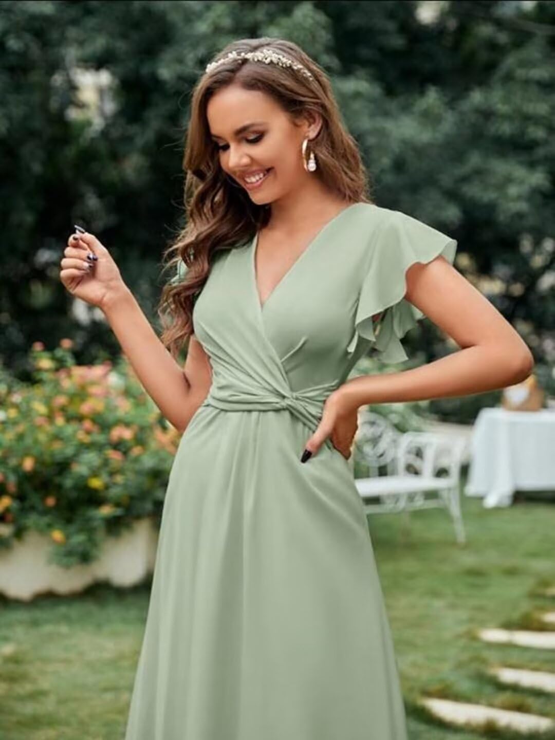Elegant Flutter Sleeve Bridesmaid Dresses - Tea Length Chiffon Formal Gown with Side Slit & Pockets | Perfect for Weddings, Parties & Special Occasions