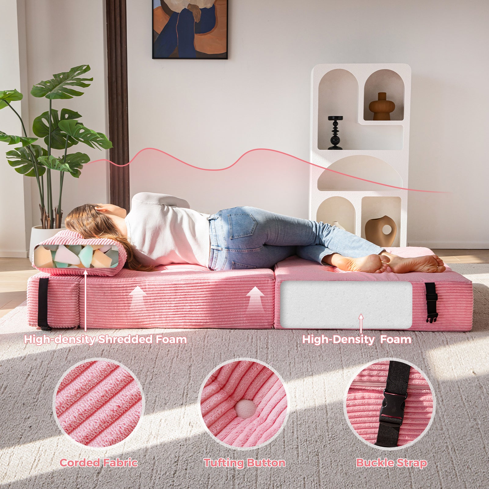 MAXYOYO Convertible Folding Sofa Bed - Comfortable High Density Support Foam for Living Room, Bedroom & Small Spaces (Pink) | Perfect for Guest Sleeping, Studio Apartments & Cozy Lounging