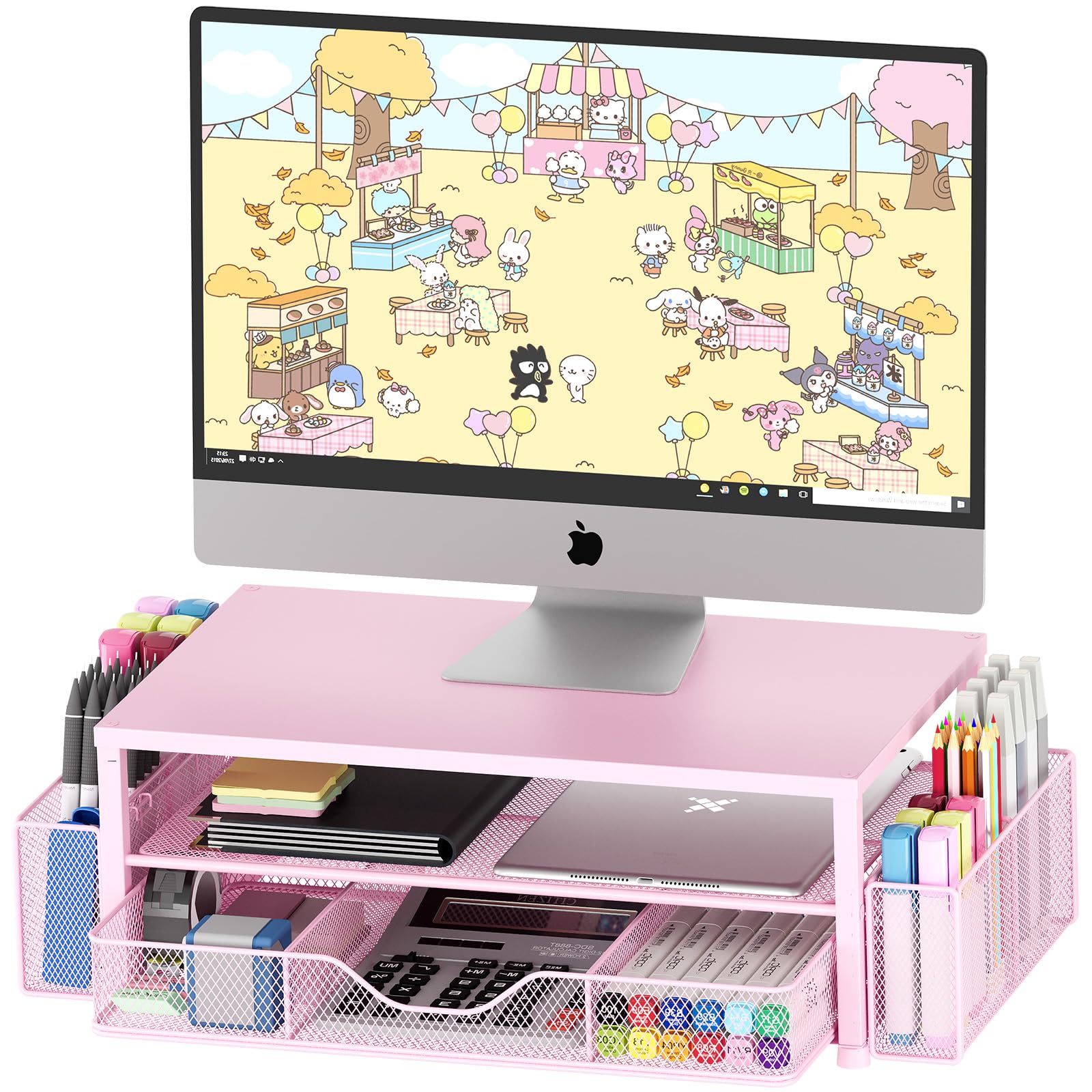 2-Tier Pink Monitor Stand with Drawer & Pen Holders - Space Saving Desk Organizer for Office Supplies | Perfect for Home Office, Workspace & Computer Desk Organization