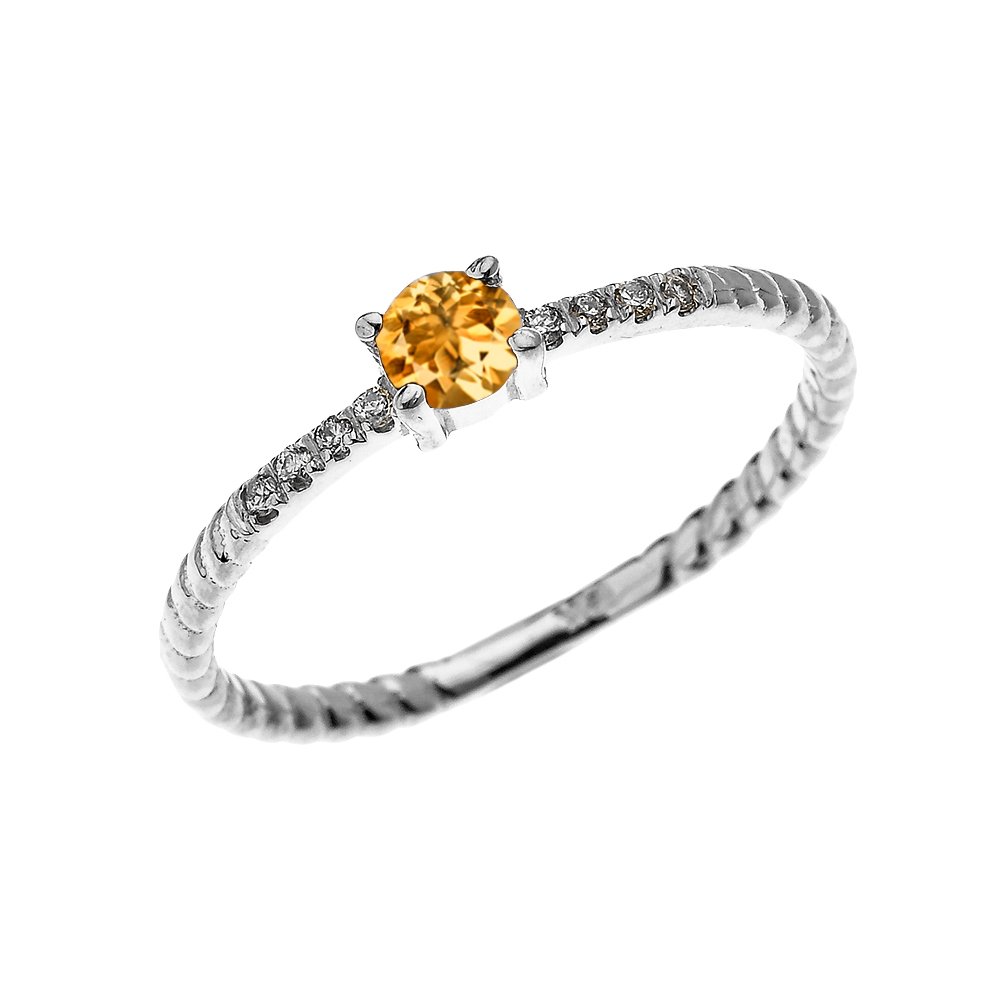 10K White Gold Dainty Diamond & Solitaire Citrine Rope Design Stackable Ring for Women - Elegant Proposal, Engagement, Anniversary or Everyday Wear Jewelry Gift