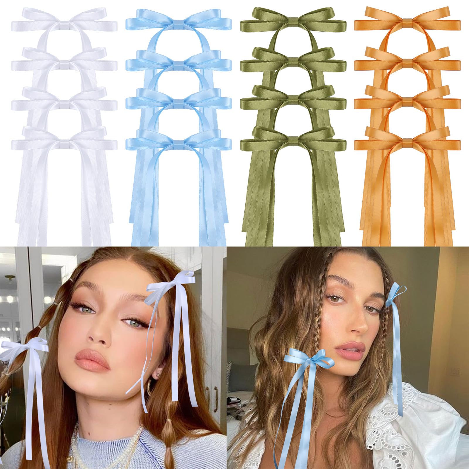16pcs Elegant Hair Bow Clips for Women & Girls - Long Tail Tassel Bowknot Barrettes, Silky Satin Ponytail Holders (White/Blue/Green/Gold) - Perfect for Weddings, Parties & Daily Hair Styling