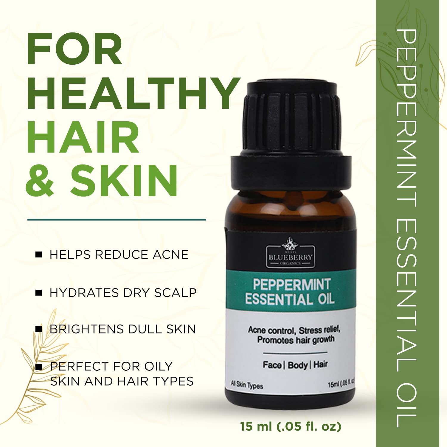 Organic Peppermint Essential Oil for Skin & Hair - 100% Pure Natural Aromatherapy Oil - 15ml Bottle for Relaxation, Stress Relief & DIY Beauty Products