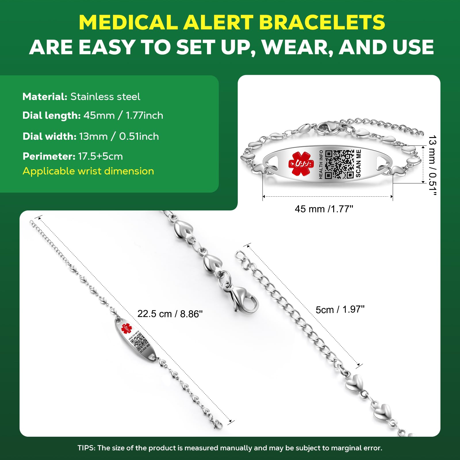 Upgraded QR Code Medical ID Bracelet for Women - Adjustable 7-9 Inch Sterling Silver Chain Link - Save & Update Emergency Medical Info Instantly - Perfect for Allergies, Diabetes & Emergency Situations