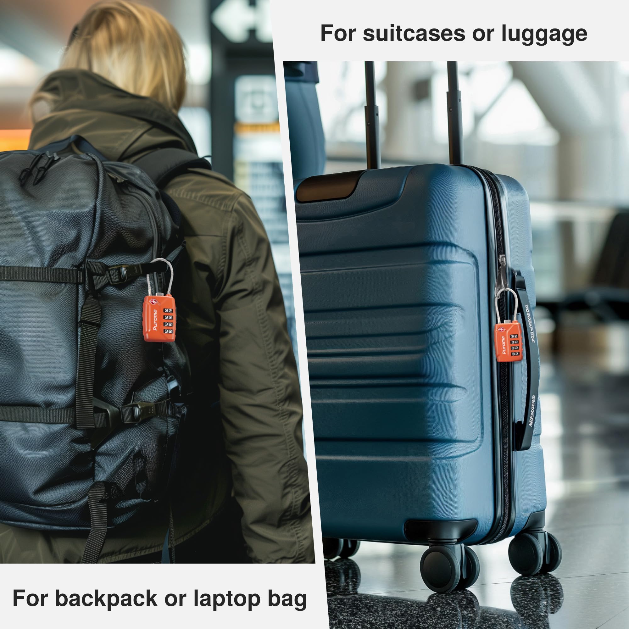 Puroma 2 Pack TSA Approved Luggage Locks - Secure 4 Digit Combination Travel Locks with Resettable Code & Durable Zinc Alloy Body for Suitcases, Backpacks, Gym Lockers & Toolboxes (Orange) - Ideal for Air Travel, School, Work & Outdoor Adventures