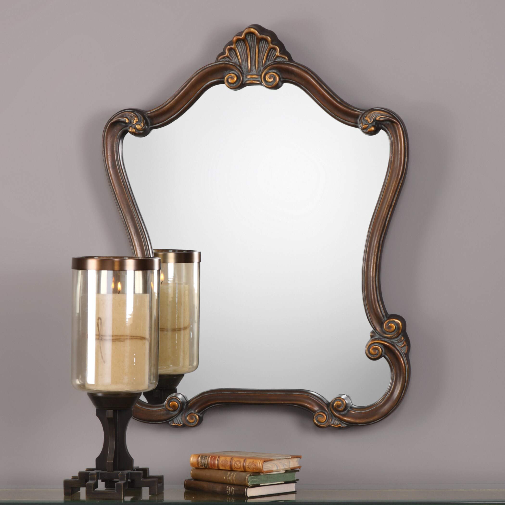 Antique Bronze Wall Mirror 26x35 Inches with Traditional Hooks - Rustic Home Decor for Living Room, Bedroom & Entryway