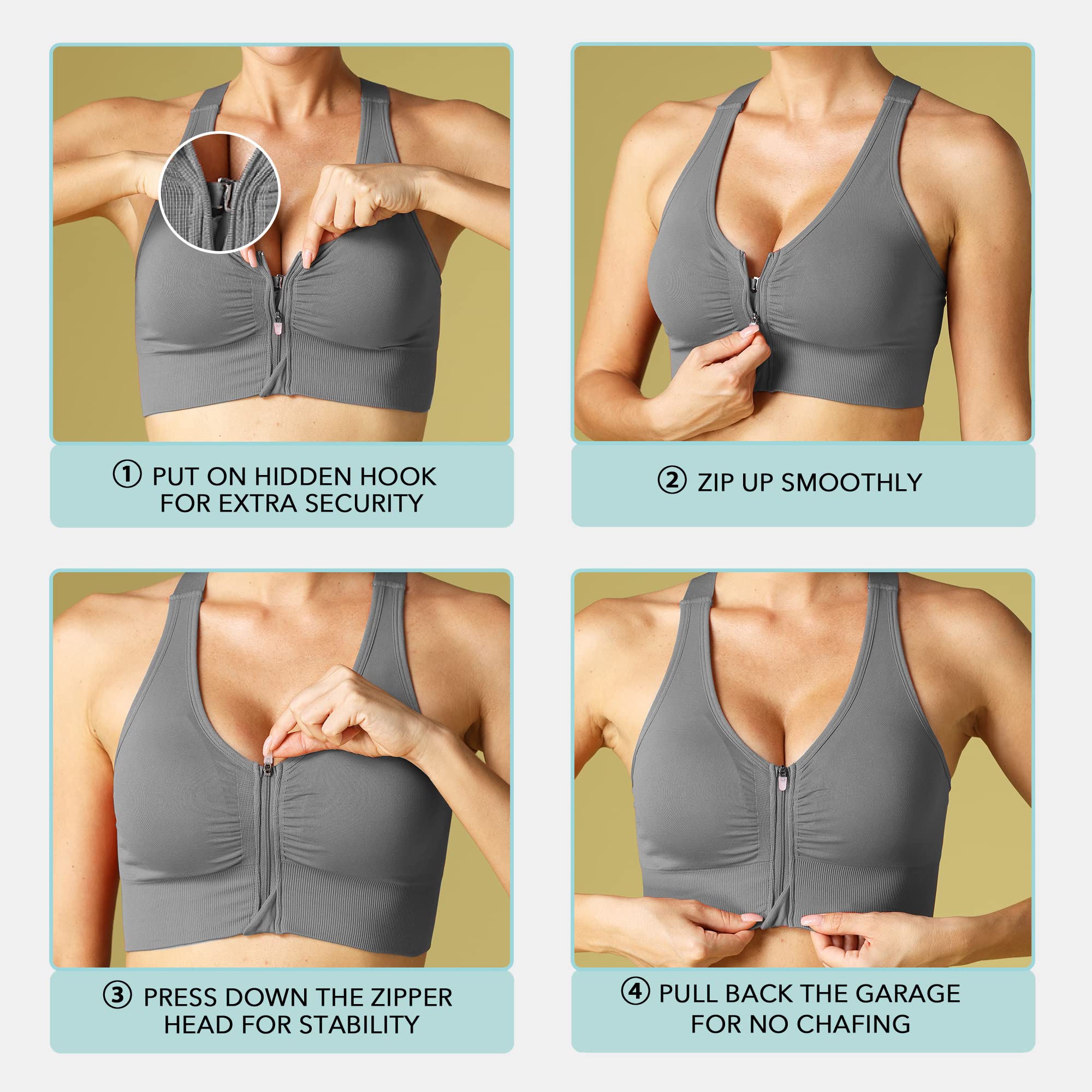 Evercute Zip Front Post-Surgery Bra for Women - Wireless Sports Bra with Padded Straps & Medium Support - Yoga, Exercise & Athletic Bras for Comfortable Recovery & Active Lifestyles