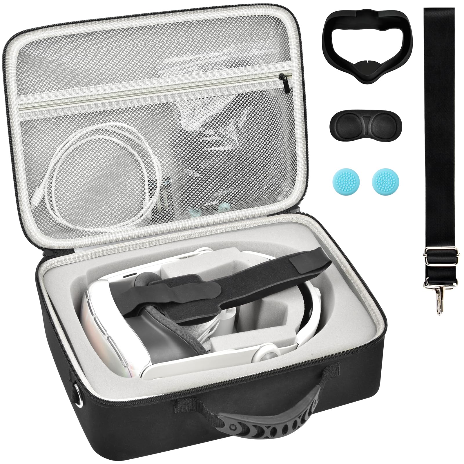 Meta Quest 3/3s & Oculus Quest 2 VR Headset Carrying Case - Compatible with Touch Controllers & Elite Strap VR2 Accessories, Includes Silicone Face Cover & Lens Protector (Grey, Device Not Included) - Perfect for Travel, Storage & VR Gaming Protection
