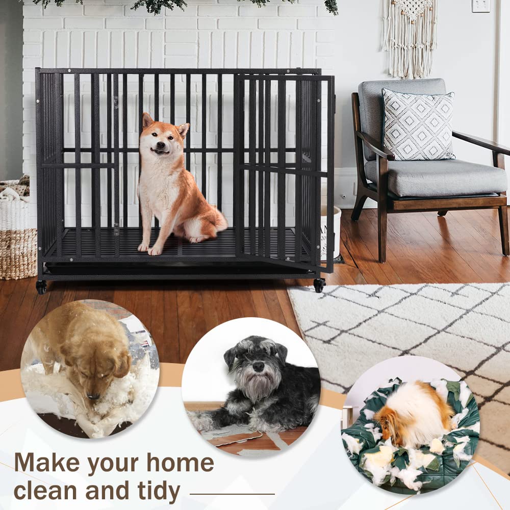 LUCKUP 42 Inch Heavy Duty Metal Dog Crate with 2 Doors & 4 Wheels - Stackable Large Dog Kennel Cage for Medium & Big Dogs - Removable Tray - Perfect for Home, Travel & Vet Visits