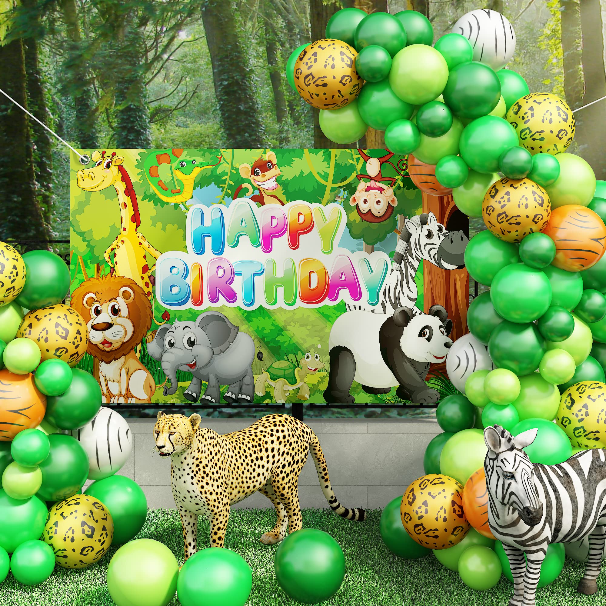85-Piece Jungle Safari Birthday Decorations Kit - Green Balloon Garland, Animal Print Balloons & Happy Birthday Banner for Wild One Themed Parties | Perfect for Boys & Girls Birthday Celebrations, Baby Showers, and Jungle-Themed Events