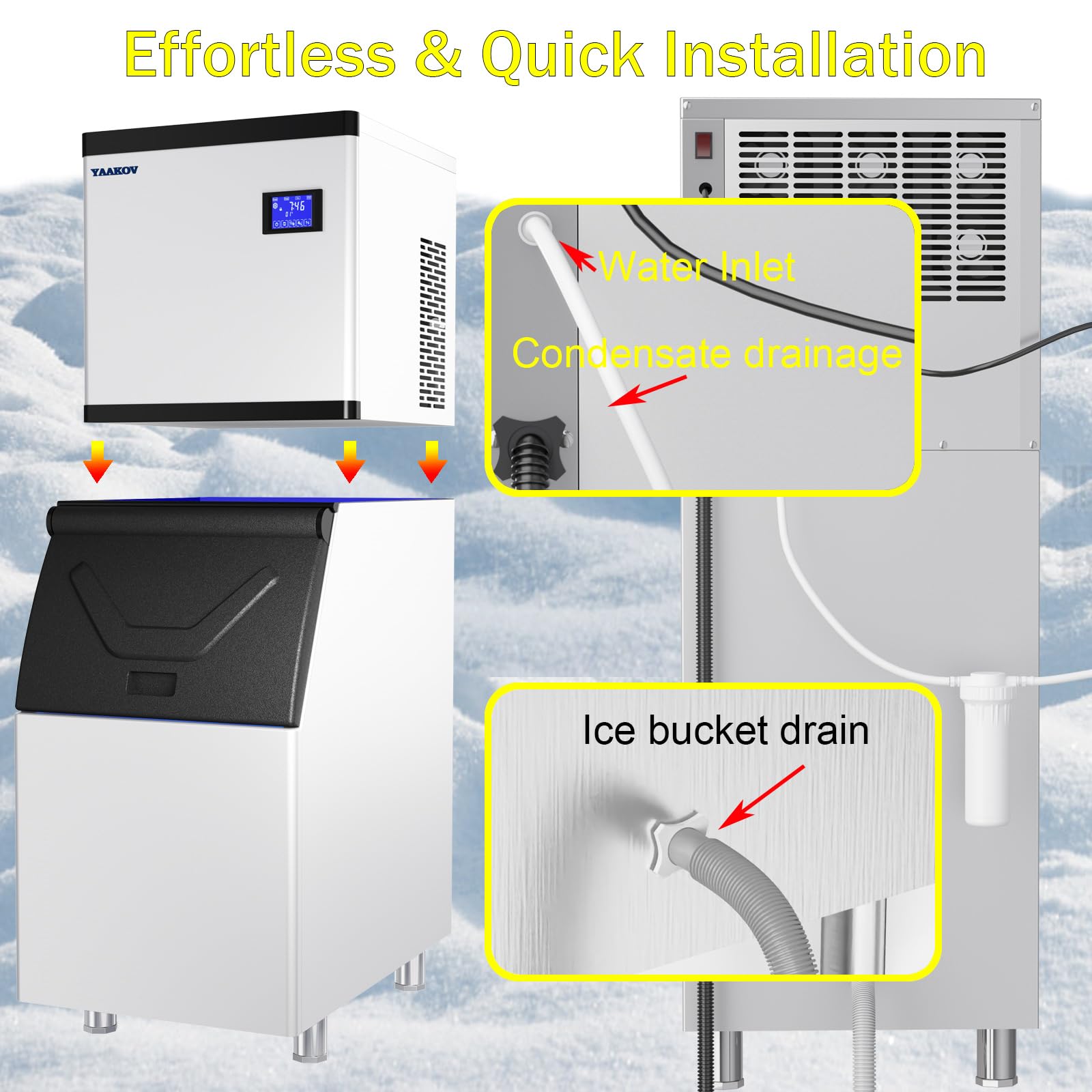 YAAKOV 550LBS/24H Commercial Ice Maker Machine with 400LBS Storage Bin - 22