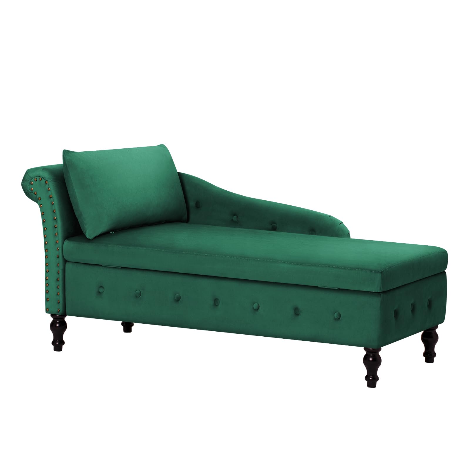 Velvet Upholstered Chaise Lounge with Left Armrest & Lumbar Pillow - Button Tufted Storage Sofa, Modern Lounge Chair for Bedroom, Living Room & Office - Green | Perfect for Small Spaces, Reading Nook & Relaxation