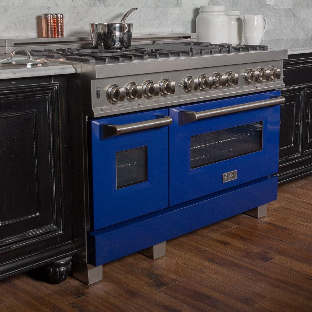 ZLINE 48-Inch 6.0 cu. ft. Dual Fuel Range with 7-Burner Gas Cooktop & 2 Electric Ovens - Satin Stainless Steel & Blue Gloss Doors (RAS BG 48) - Perfect for Modern Kitchens & Professional Cooking