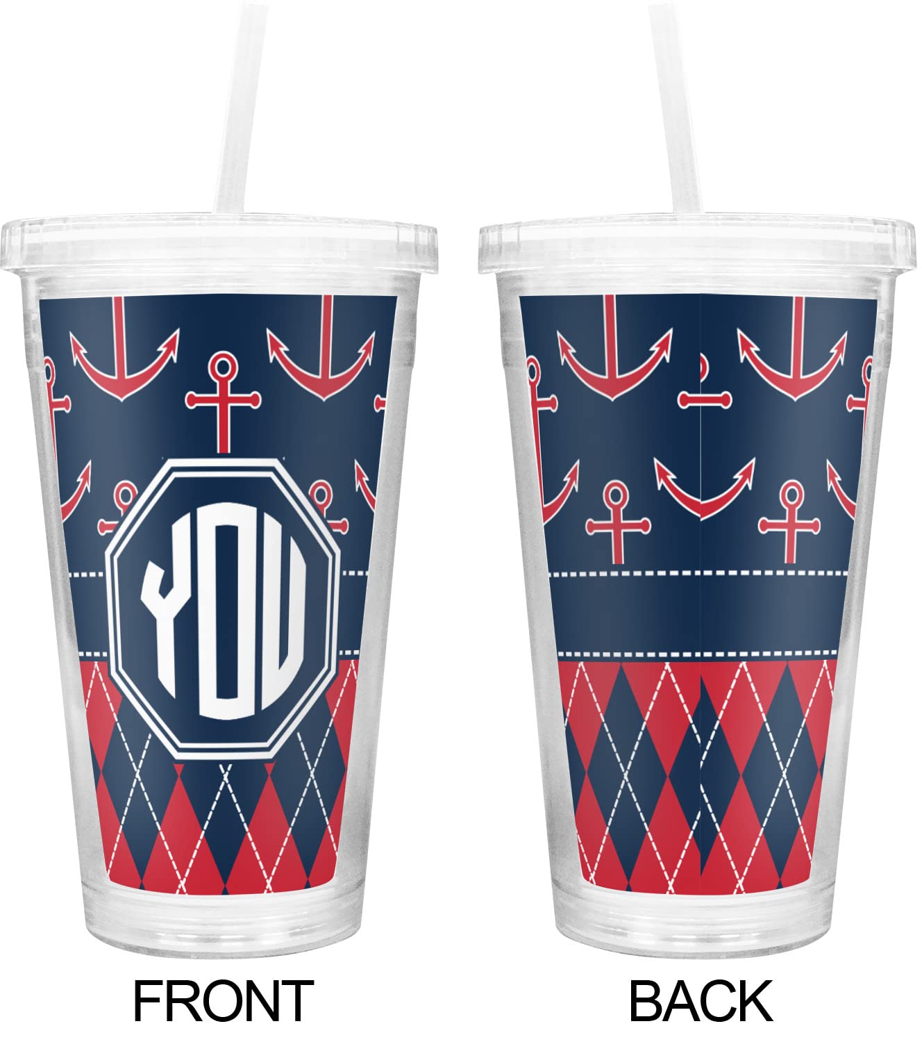 Personalized Anchors & Argyle Double Wall Insulated Tumbler with Straw and Lid - 20oz Stainless Steel Travel Mug for Hot & Cold Drinks - Perfect for Office, Gym, Hiking and Outdoor Activities