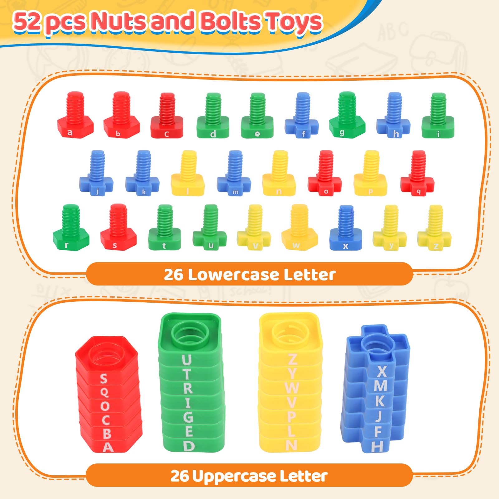 ABC Letters Matching Games - 52pcs Alphabet Learning Toy for Toddlers, Montessori Nuts & Bolts Fine Motor Skills Toys, Preschool Kindergarten Sorting Stacking Educational Activities | Perfect for Classroom, Homeschool & Early Childhood Development