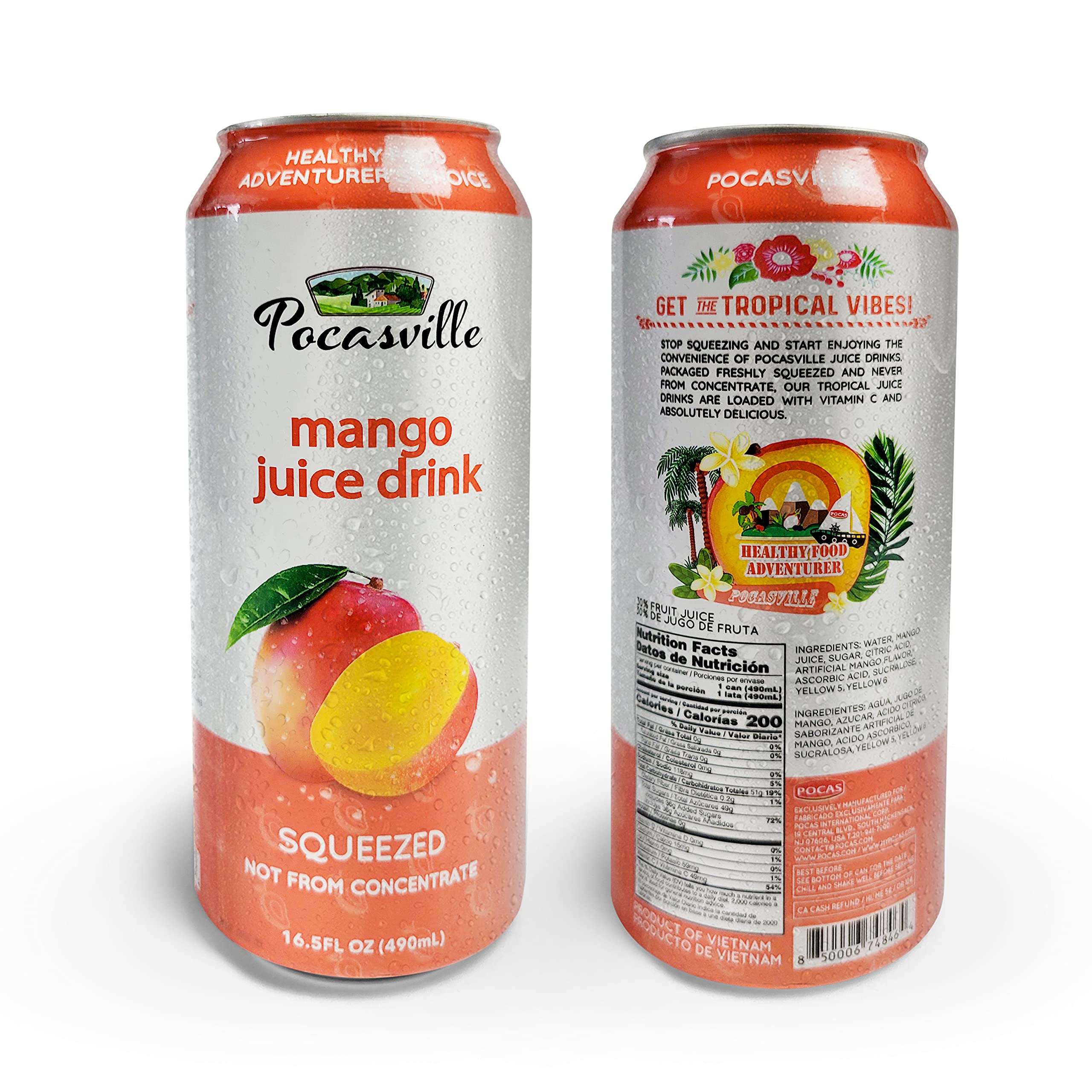 Pocasville 100% Pure Mango Juice - Not from Concentrate, 16.5 Fl Oz (6 Pack Cans) | Refreshing Natural Beverage for Breakfast, Snacks & Healthy Lifestyle