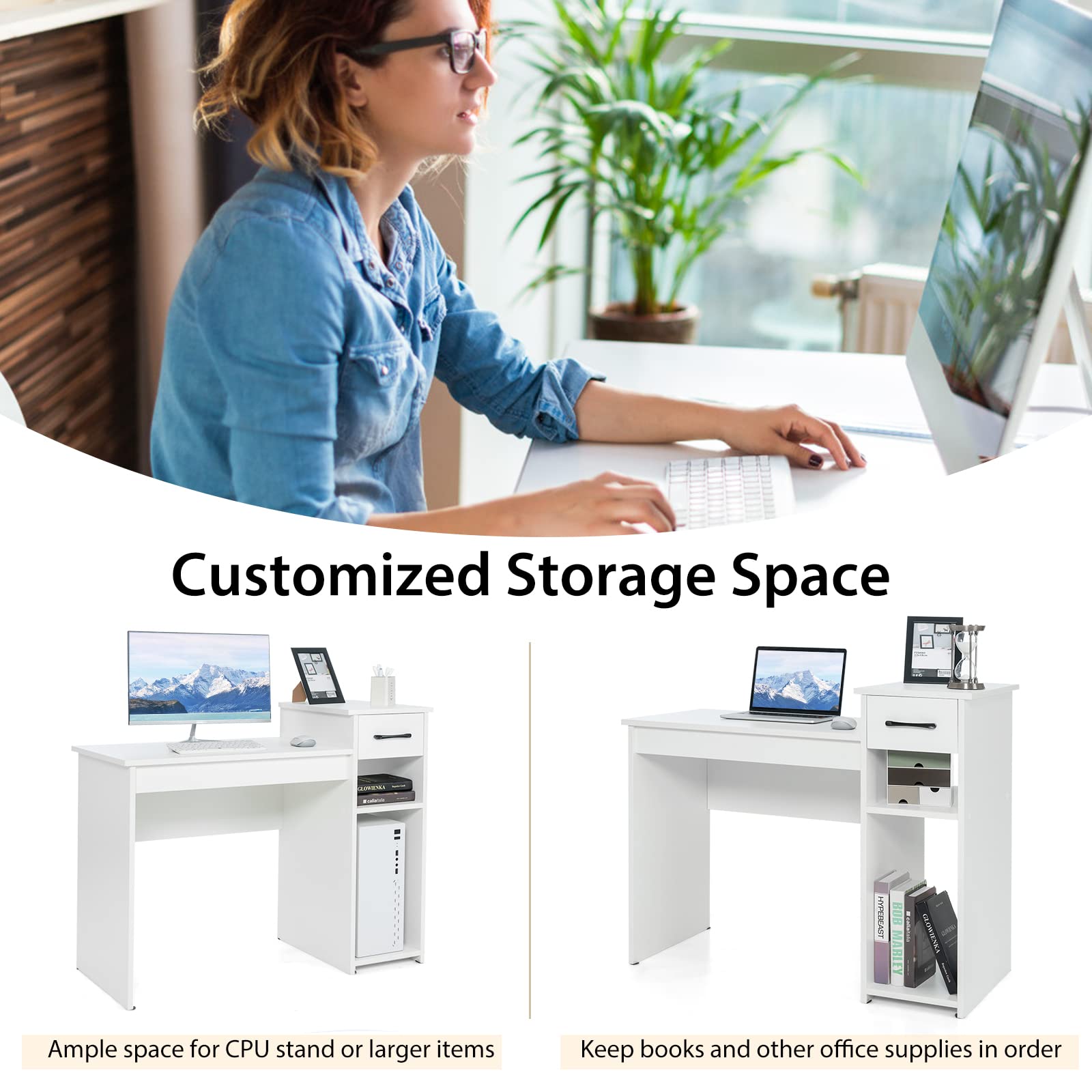 Tangkula Modern White Study Desk with Storage Drawer & Shelves - Compact Writing Desk for Small Spaces, Home Office, Dorm Room & Bedroom Workspace