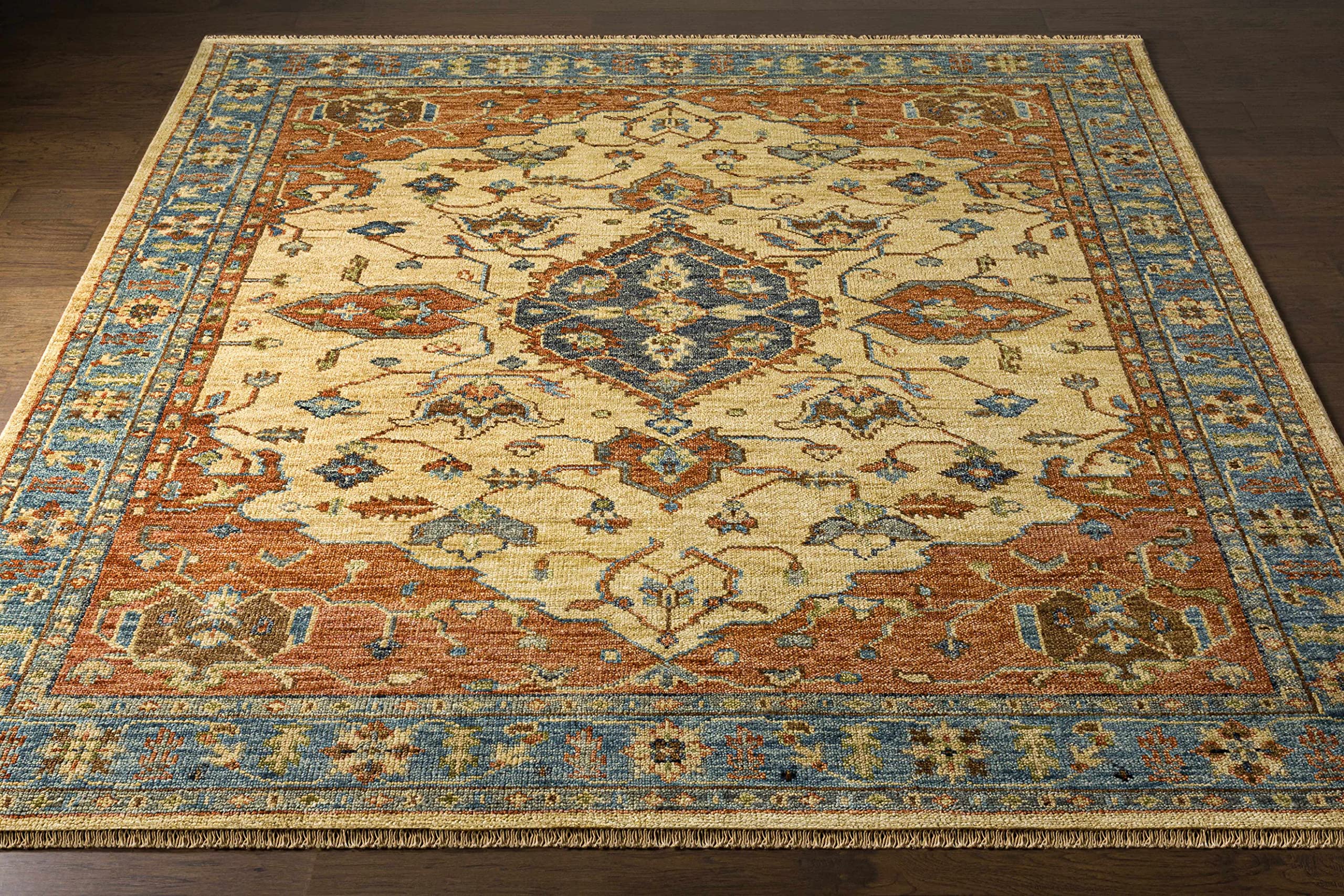 Premium Bowlus Wool Area Rug for Living Room & Bedroom - Traditional Design in Rust, Aqua, Ivory - 6' x 9' Soft & Durable - Perfect for Cozy Home Decor & High Traffic Areas