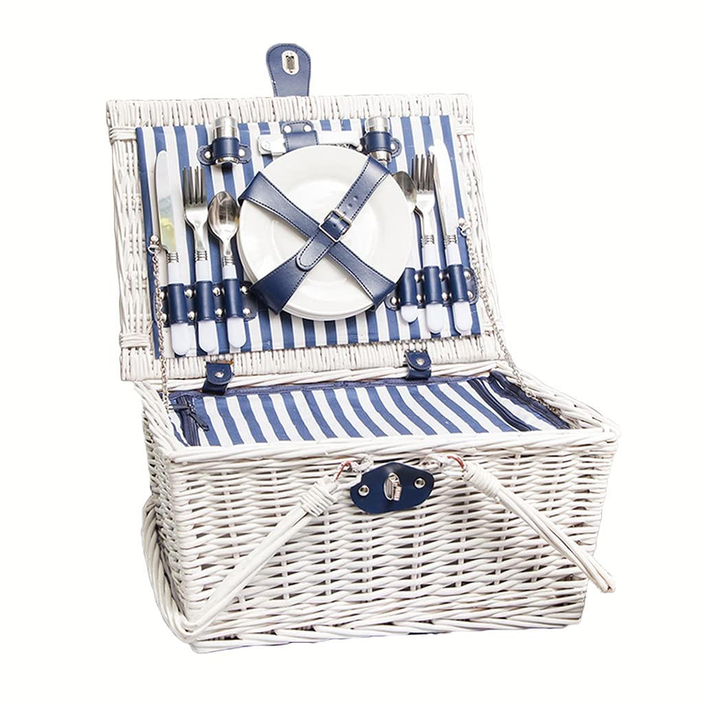 LiPengTaoHome 4-Person Picnic Basket Set - Insulated Wicker Basket with Cutlery, Foldable Handles & Matching Blanket - Perfect for Outdoor Picnics, Beach Trips & Camping (White & Stripes, 42×32×22cm)