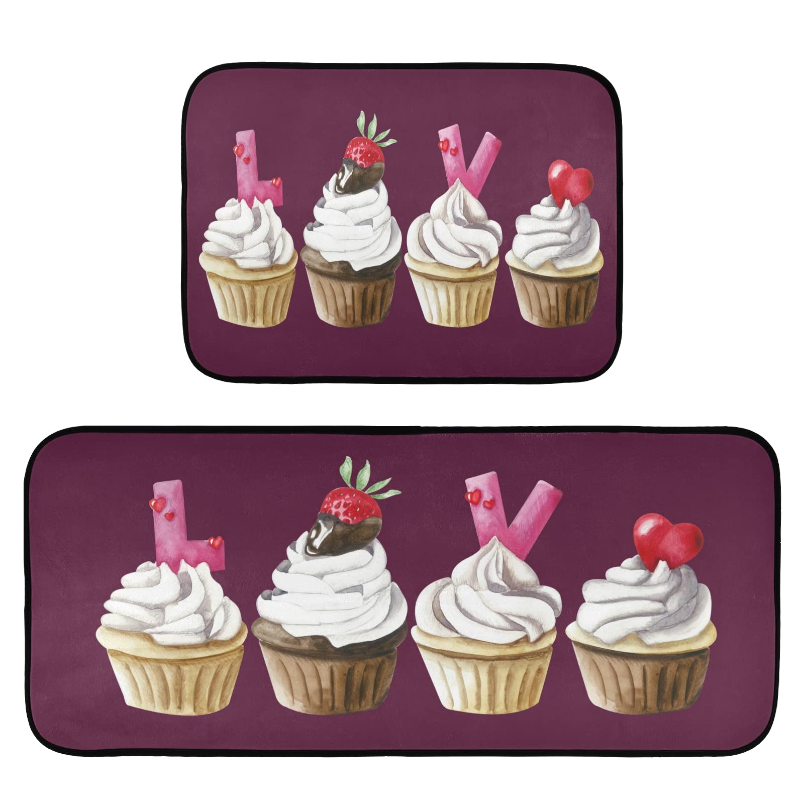CaTaKu 2-Piece Non-Slip Kitchen Rug Set - Valentine's Day Cupcake Design Washable Polyester Floor Mats for Comfort Standing in Kitchen, Laundry, Sink & Office - Perfect Home Decor Gift for Housewarming & Holidays