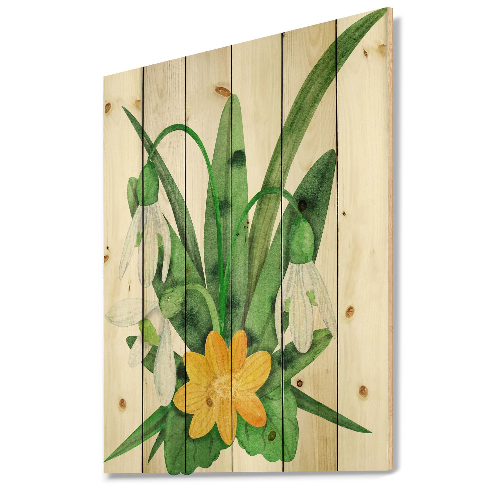 Vintage Floral Wood Wall Decor - Snowdrops & Erantis Traditional Pine Wood Art Panel, Large Green Botanical Print for Living Room, Bedroom & Office Decoration