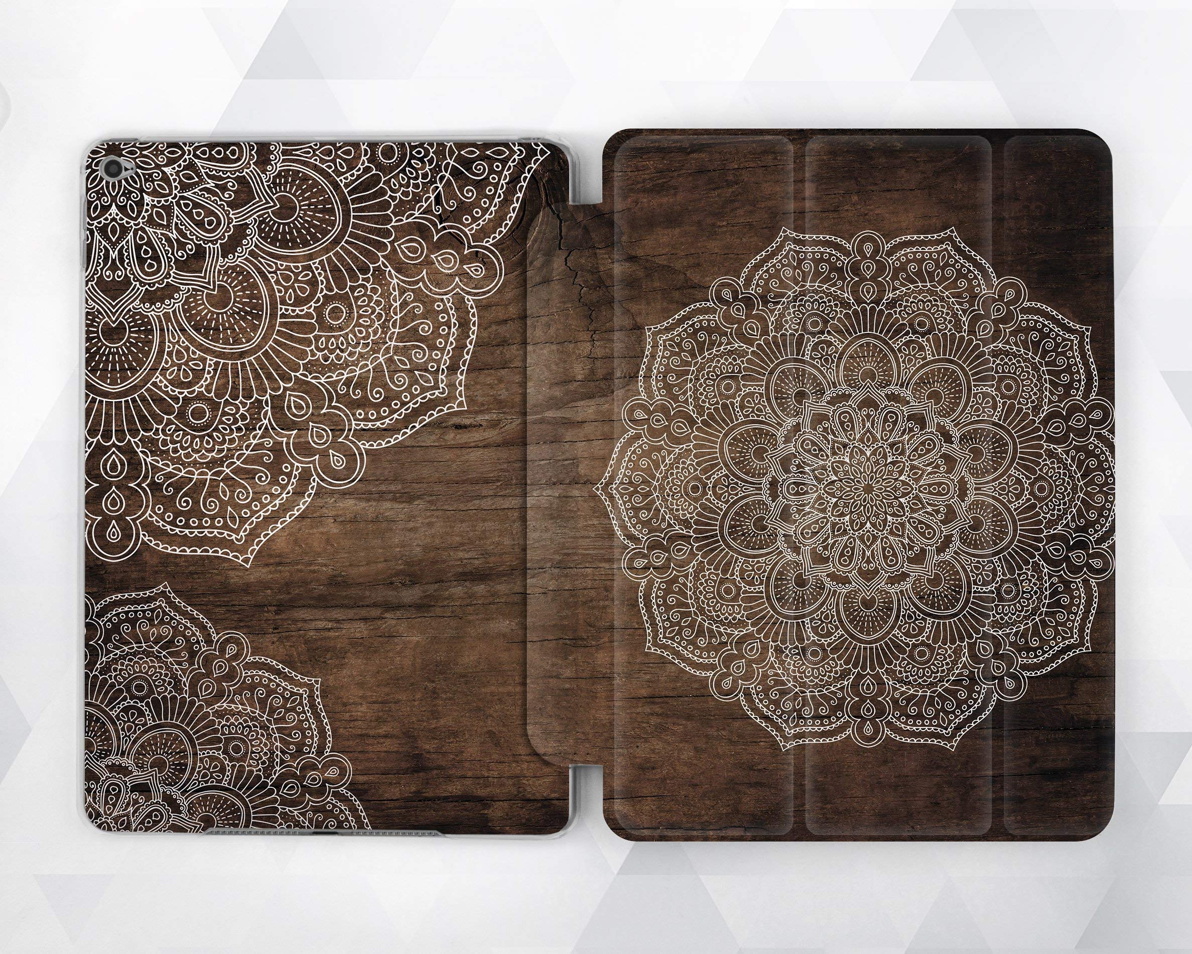 Brown Wood Magnetic Smart Cover with White Mandala Design for iPad 2/3/4, iPad Mini 1/2/3/4/5, iPad Air 2/3, 2019 iPad Pro 9.7/10.5/12.9/11 - Perfect for Work, Travel & Home Use
