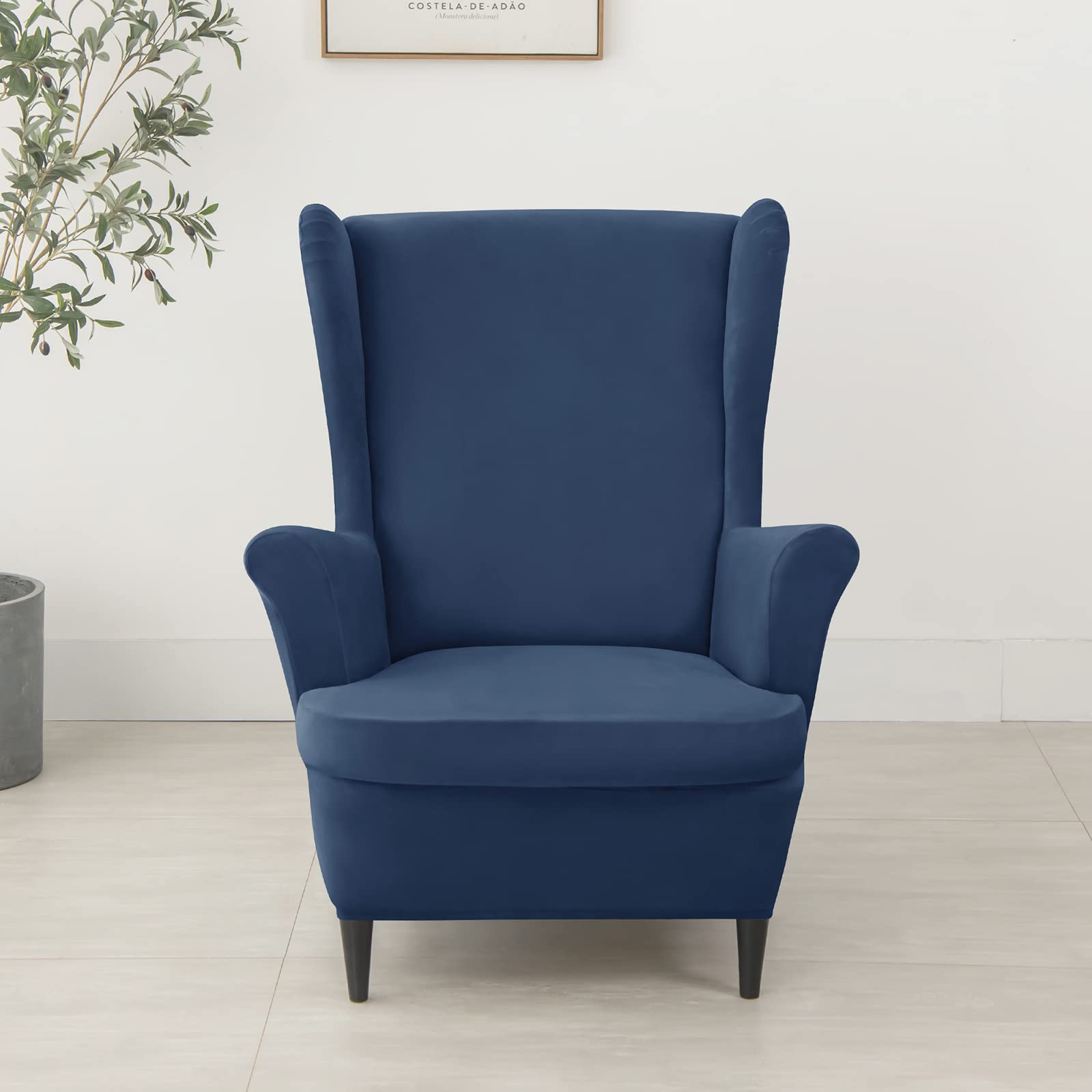 Velvet Stretch Wing Chair Slipcover - Soft 2-Piece Wingback Chair Cover with Elastic Bottom | Navy Blue Sofa Protector for Living Room, Bedroom | Pet-Friendly Furniture Cover for Cats & Dogs | Home Decor Upgrade for Cozy Reading Nook