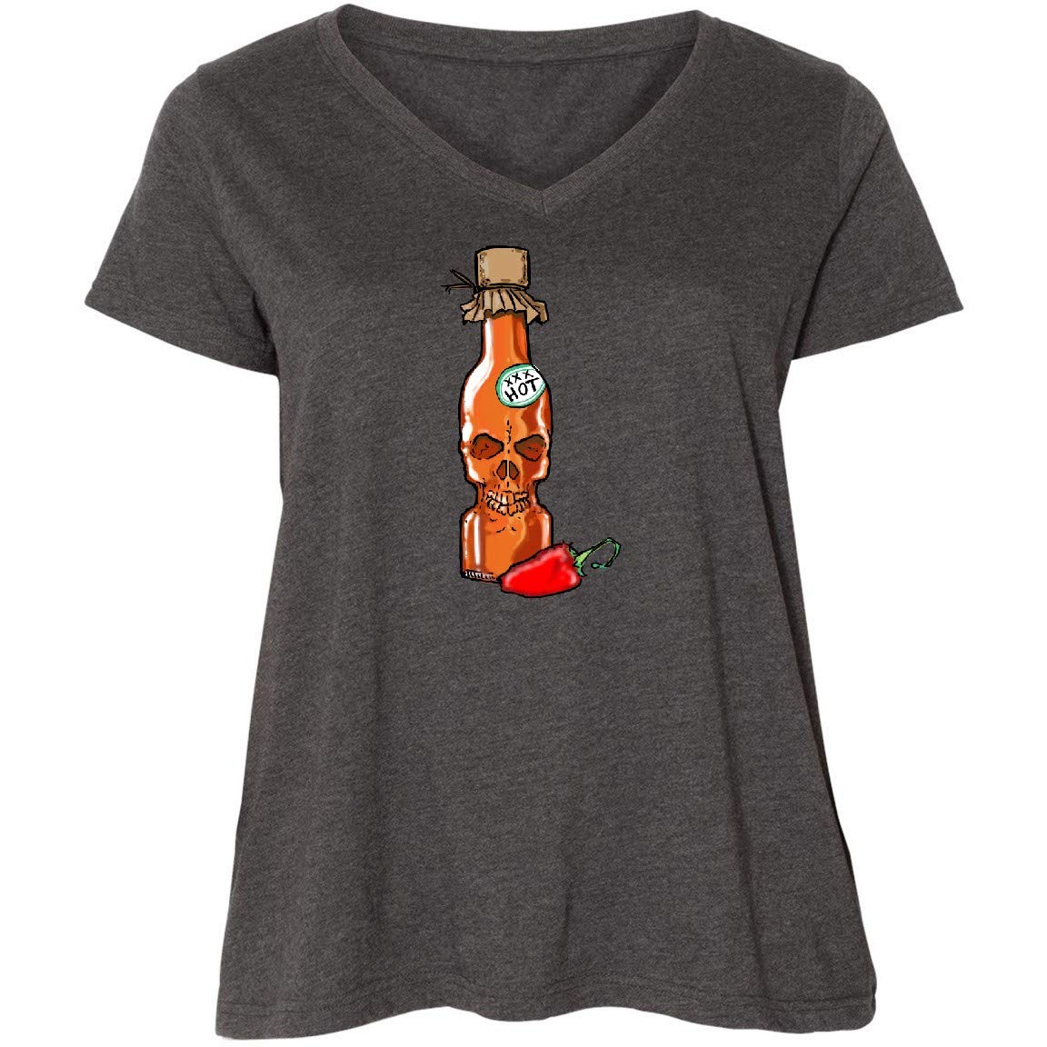 Inktastic Hot Sauce Skull Bottle with Pepper Women's Plus Size V-Neck T-Shirt - Spicy Food Lover Graphic Tee for Casual Wear & Gifts