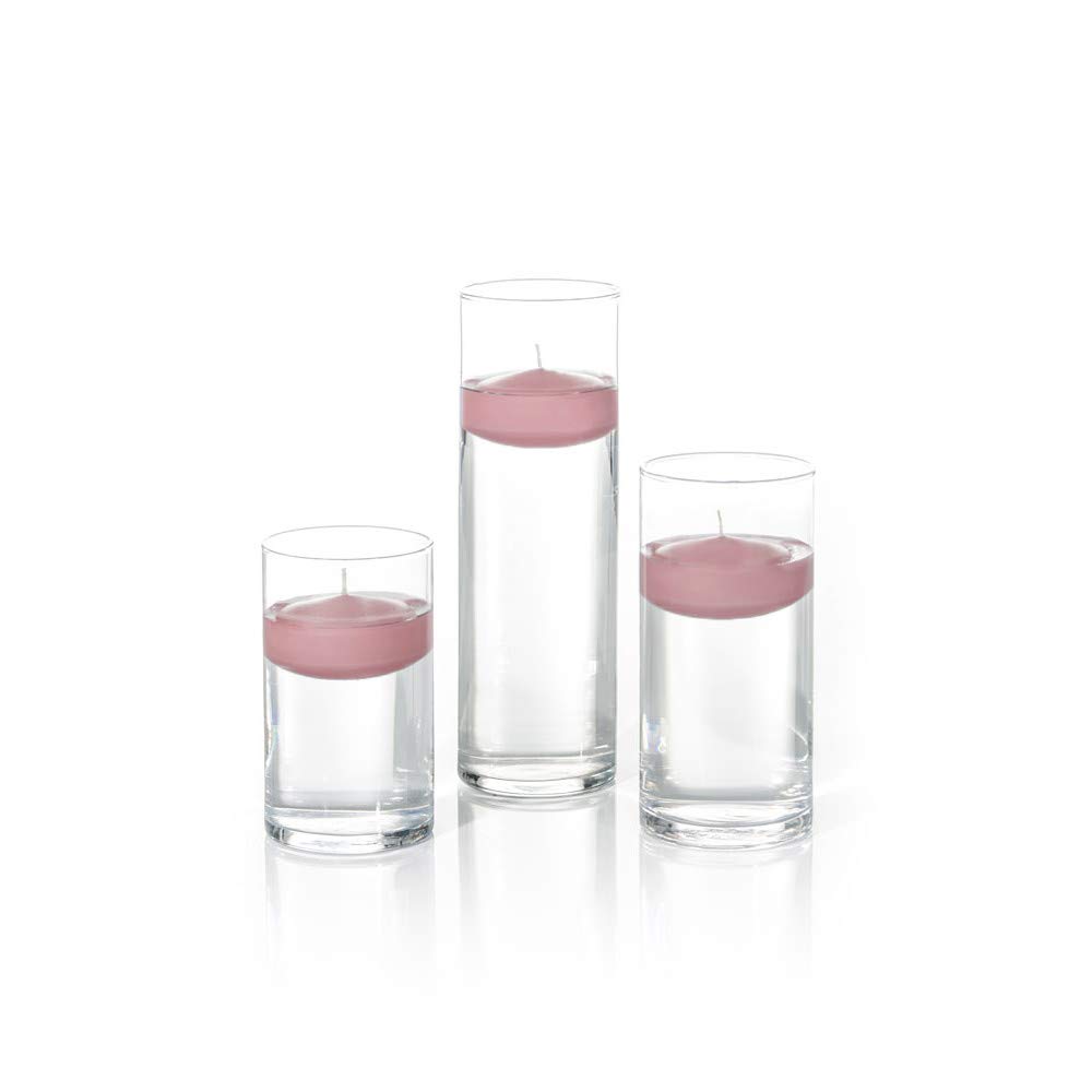 Yummi Set of 18 Floating Candles with Cylinder Vases - Romantic Rose Color for Wedding Centerpieces, Bathroom Decor & Spa Relaxation