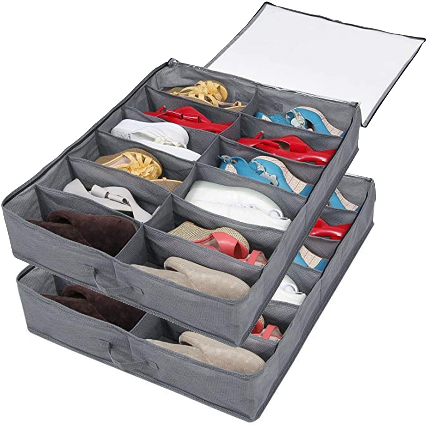 Under Bed Storage Bags - Set of 2 with Clear Lid, Zipper & Handles - Foldable Shoe Organizer Holds 24 Pairs - Perfect for Closet, Dorm Room & Small Space Organization