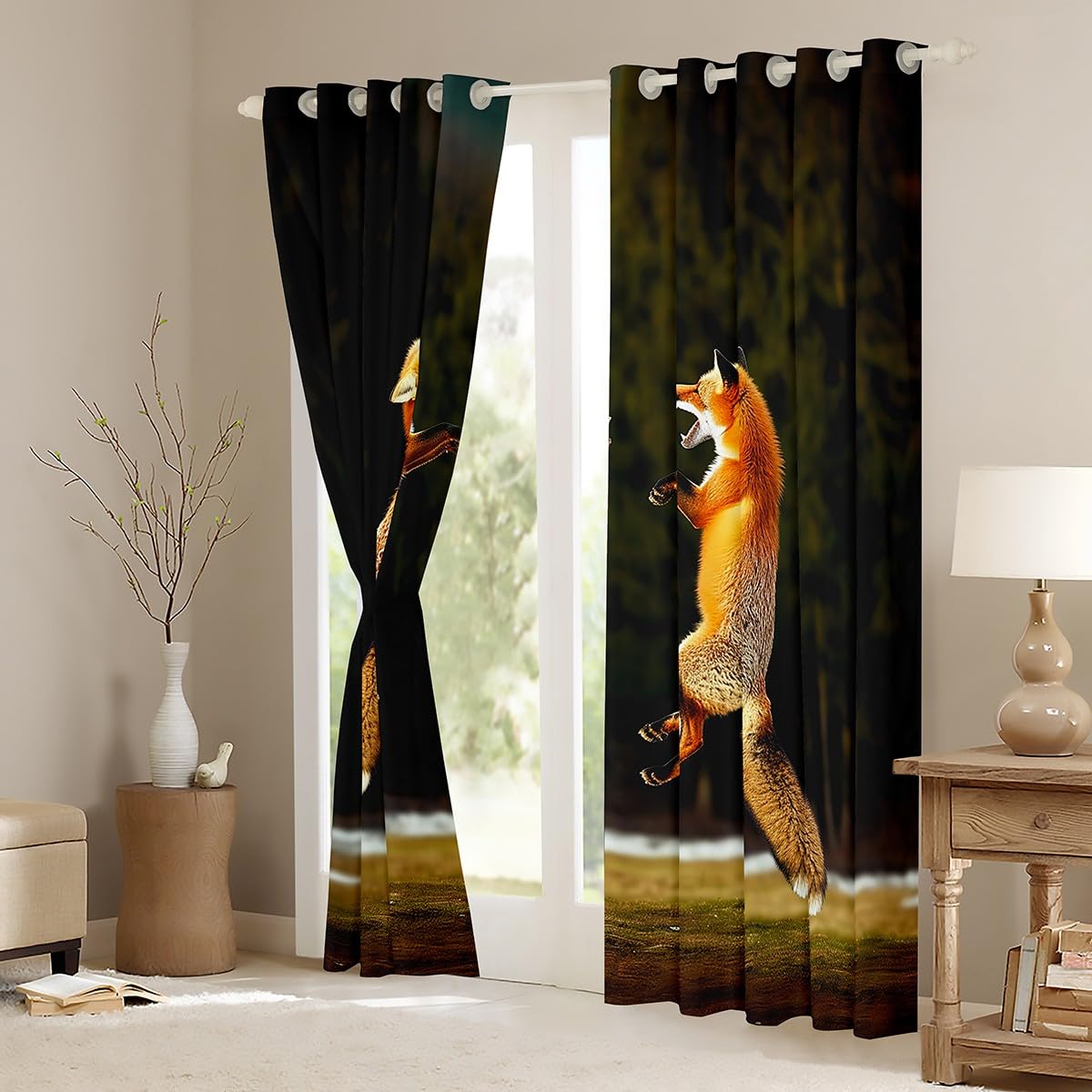Feelyou Fox Print Curtains - 3D Cartoon Woodland Fox Window Drapes for Bedroom & Living Room - 42x63 Inches, 2 Panels - Perfect for Kids & Adults Animal Theme Decor - Ideal for Nursery, Playroom, or Cabin Retreat