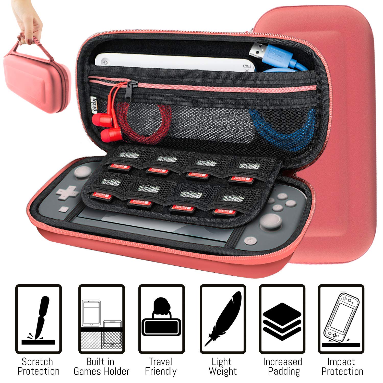 Orzly Nintendo Switch Lite Accessories Kit - Includes: Protective Case, Screen Protector, Grip Cover, USB Cable, Headphones & More [Coral] - Perfect for Gaming On-The-Go & Travel Protection