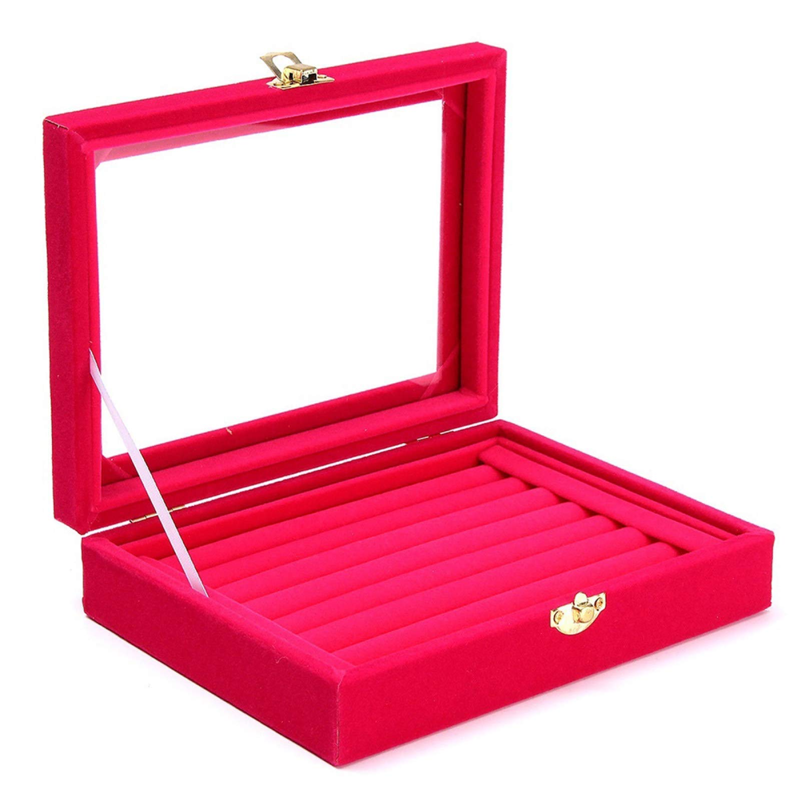 Velvet Wooden Ring Jewelry Display Box - Earring Storage Organizer Tray Holder for Wedding, Engagement & Gift Presentation (Rose Red)
