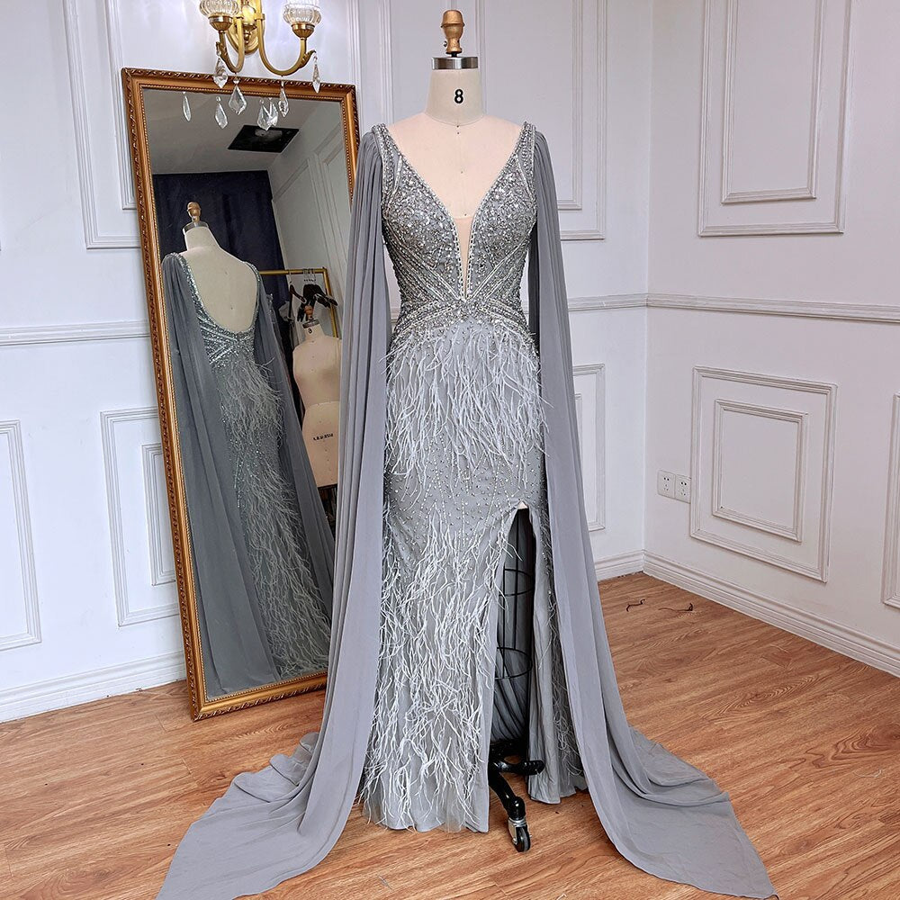 Elegant Blue Mermaid Evening Gown with Cape Sleeves & Beaded Feather Details - Luxury Women's Party Dress 2025 (LA71583A) | Perfect for Formal Events, Galas & Red Carpet Occasions