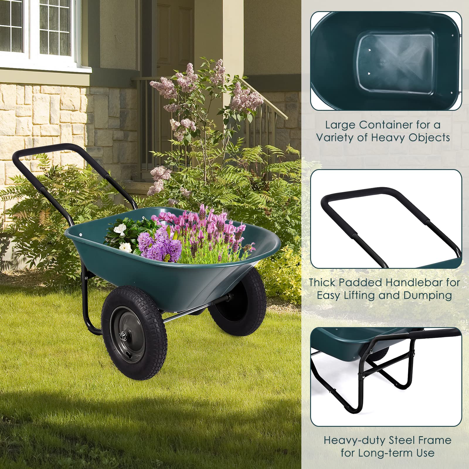 Heavy Duty Dual Wheel Wheelbarrow - 330 LBS Capacity with All-Terrain Pneumatic Tires | Utility Garden Cart for Gardening, Planting, Yard Work & Construction Sites | Perfect for Home Improvement, Landscaping & Outdoor Projects (Green)