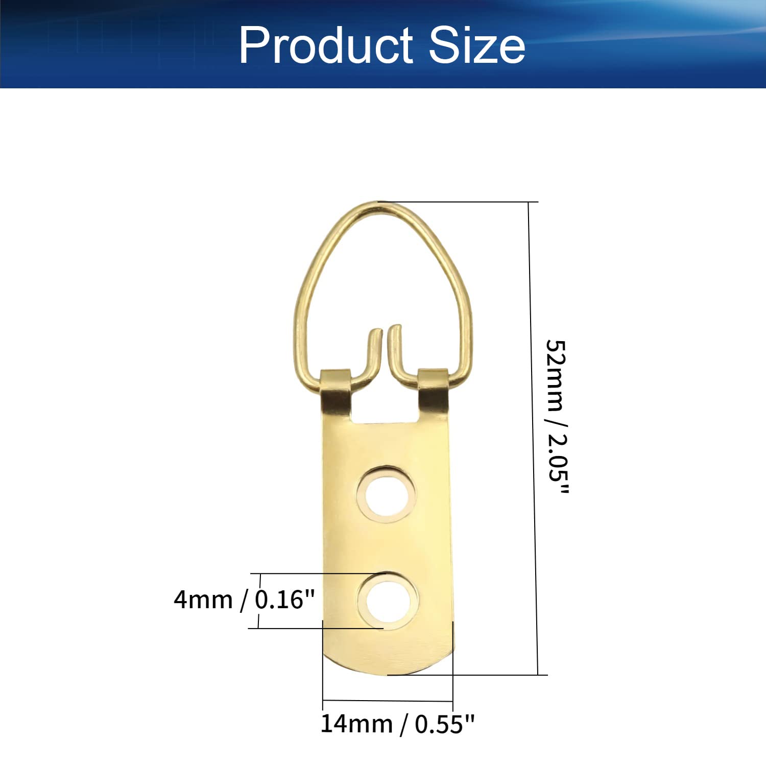 10Pcs Double Hole D-Ring Picture Hangers 52x14mm - Gold Tone Wall Hooks for Frames, Mirrors, Paintings, Artwork & Clocks - Perfect for Home Decor, Gallery Display & Office Wall Organization