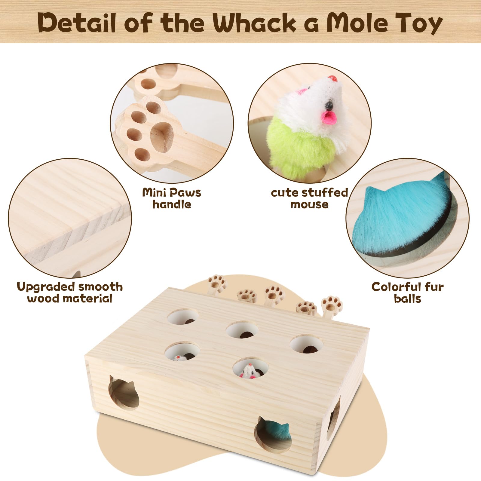 5-Hole Whack a Mole Wooden Cat Toy - 3-in-1 Interactive Cat Scratcher & Pop-Up Game for Indoor/Outdoor Kittens & Adult Cats - Perfect for Playtime, Exercise and Mental Stimulation