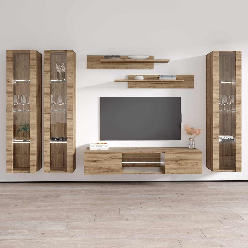Modern Oak Wall-Mounted TV Stand with Storage Shelves & LED Lights - Floating Entertainment Center Console for Living Room & Bedroom - Perfect for 33-55