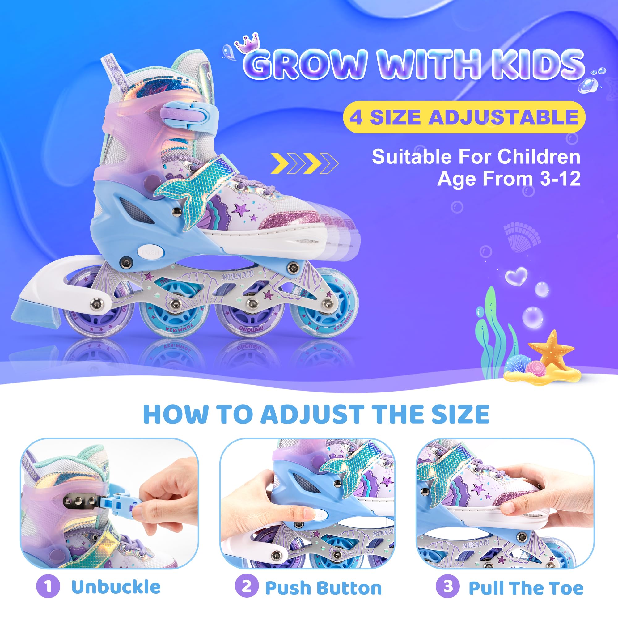 NEMONE Adjustable 4-Wheel Inline Skates for Girls & Kids - LED Light Up Roller Skates, Perfect Gift for Birthday & Outdoor Play (Pink/Blue) - Great for Park, Rink & Neighborhood Fun