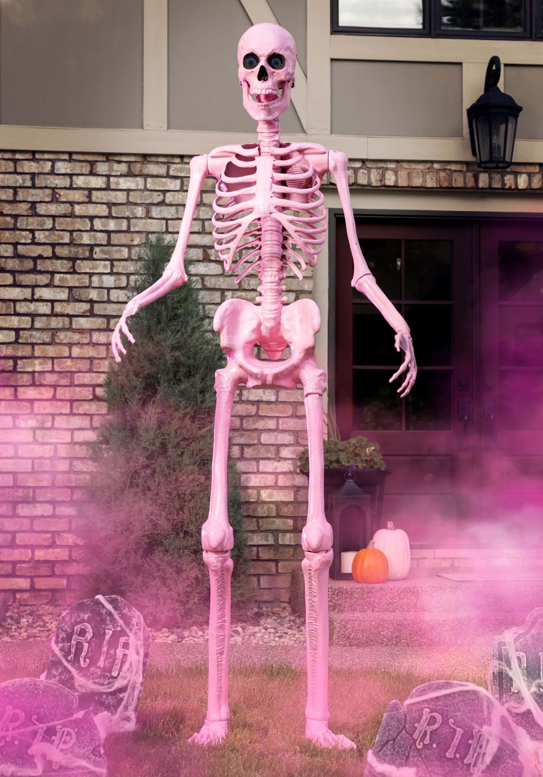 8ft Pink Animatronic Giant Skeleton with LED Eyes & Moving Jaw - Spooky Halloween Yard Decoration for Parties, Haunted Houses & Outdoor Decor