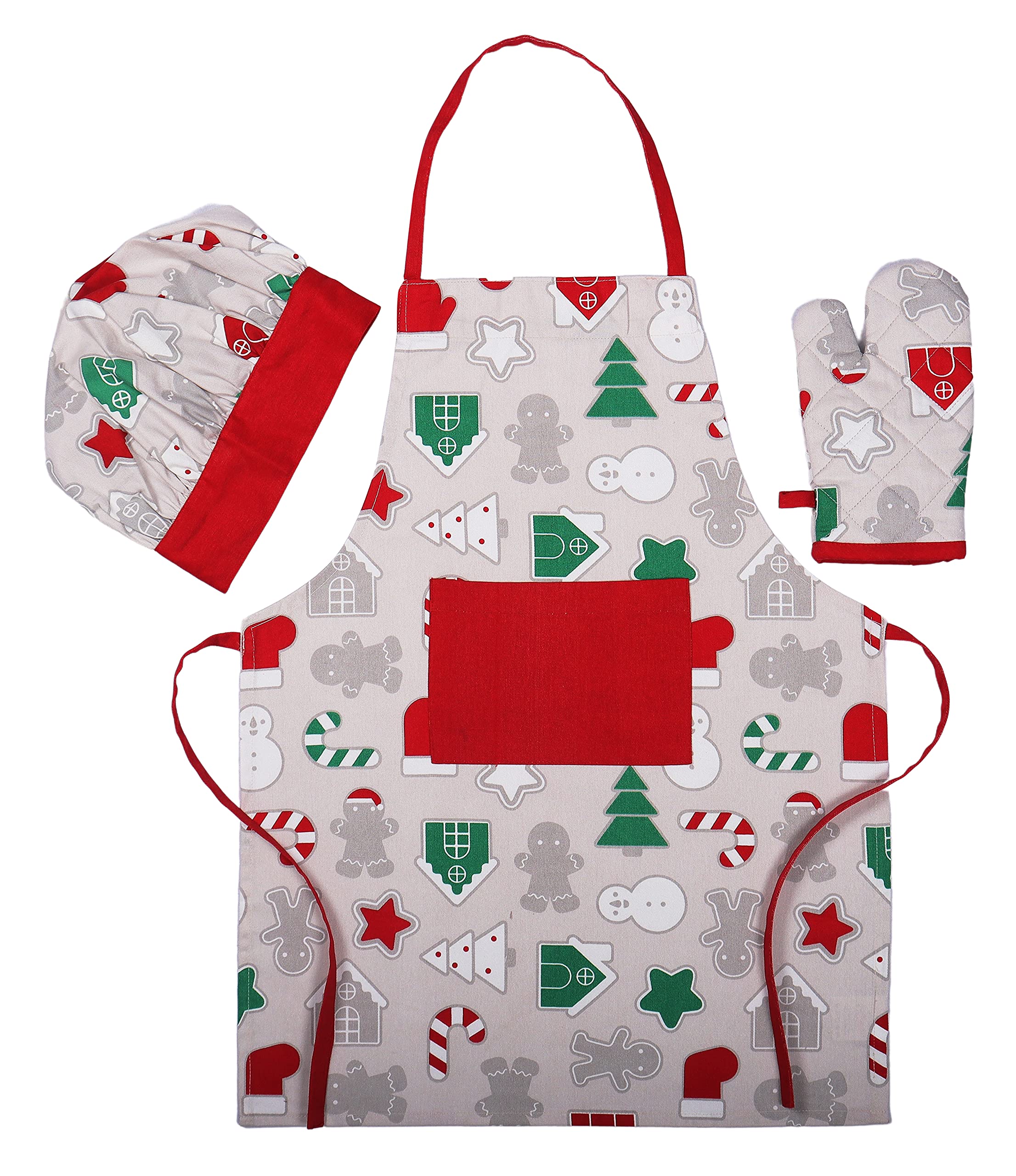 AMOUR INFINI 100% Cotton Christmas Fun 3-Piece Kids Apron Set with Oven Mitts & Chef Hat - Play Cooking Baking Gift for Thanksgiving & Christmas - Perfect for Holiday Baking, Family Kitchen Activities & Festive Gift Giving