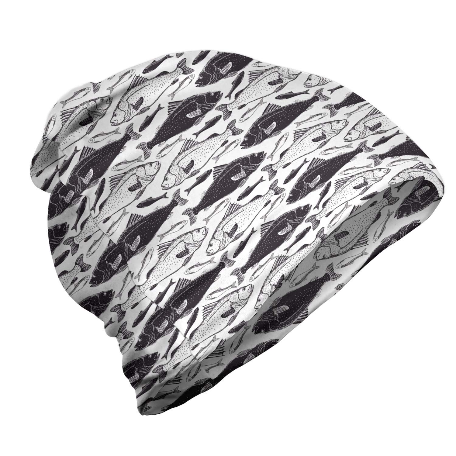 Ambesonne Unisex Beanie - Retro Dotted Fish Design, Grey & White Knit Hat for Men & Women | Perfect for Hiking, Outdoor Activities & Winter Fashion