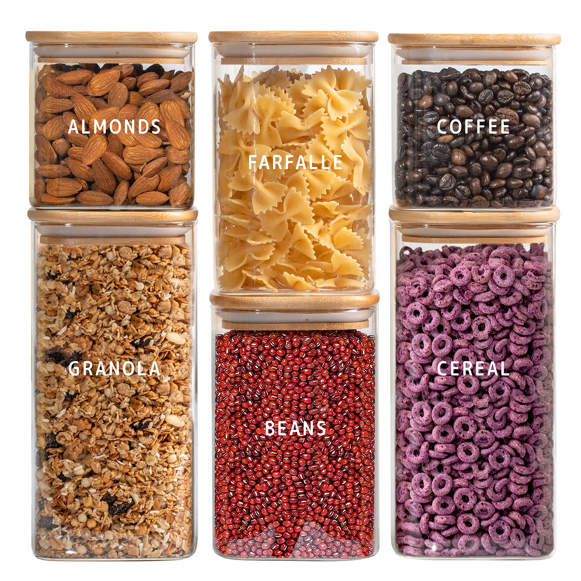 Premium Glass Jar Set with Bamboo Lids - 6-Piece (2x27oz, 2x40oz, 2x50oz) Square Canister Food Storage Containers + 160 Minimalist Pantry Labels & Custom Stickers - Ideal for Kitchen Organization, Pantry Storage, and Bulk Food Preservation